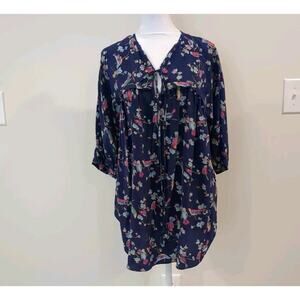 Rebecca Taylor Womens S Blue Boho Silk Bird Floral Designer Tunic Print Peasant